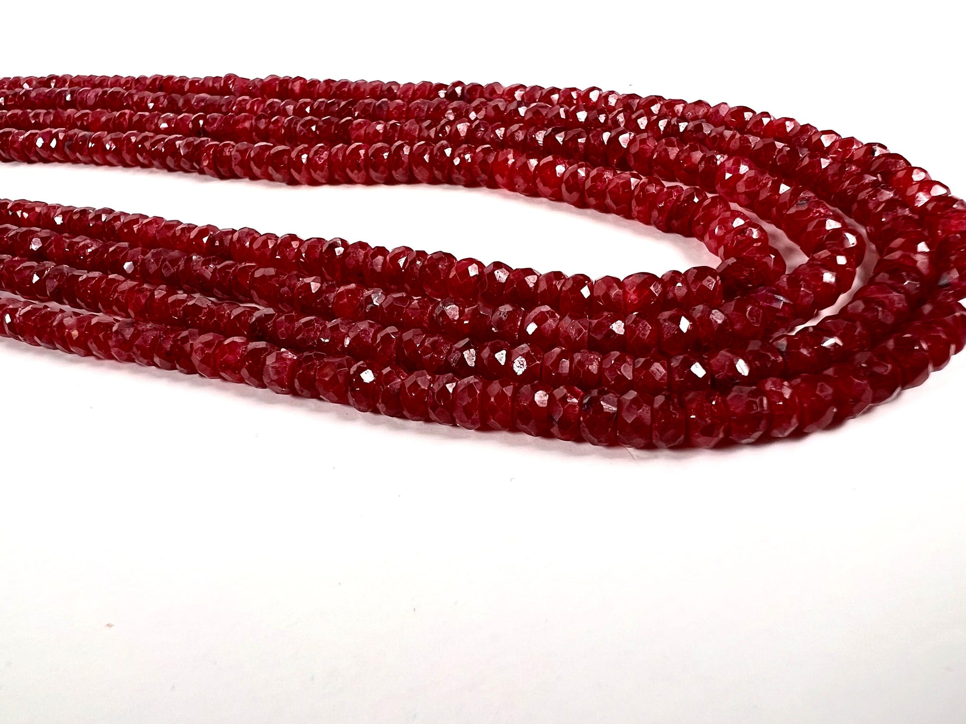 AAA Natural Ruby Faceted Roundel 4-4.5mm Multi Strand 4 Line Necklace. Bright Rich Red 16” Plus 9" Adjustable Thread. 403 carats
