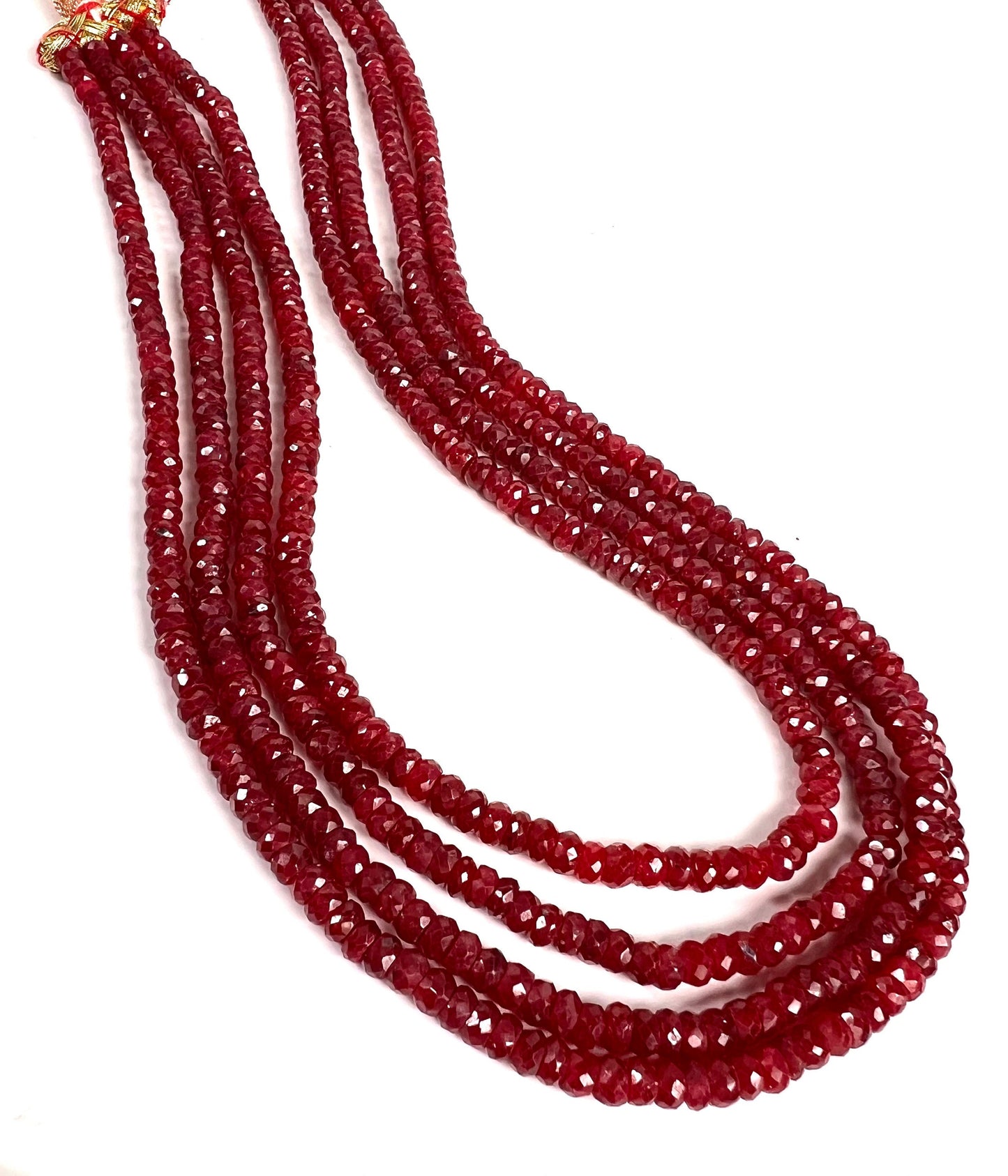 AAA Natural Ruby Faceted Roundel 4-4.5mm Multi Strand 4 Line Necklace. Bright Rich Red 16” Plus 9" Adjustable Thread. 403 carats