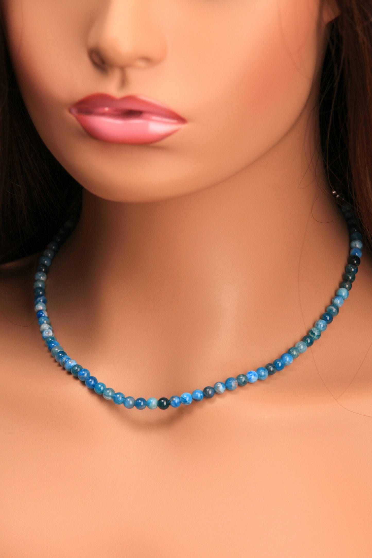 Natural Apatite Blue 5mm Smooth Round gemstone beaded necklace beautiful blue stripe beaded choker or layer necklace