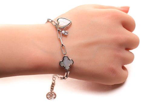 Solid 925 Sterling Silver Mother of Pearl Lucky Charm Heart Paperclip Chain CZ diamond Adjustable 6.5”to 7.5" bracelet, energy, Chakra, love