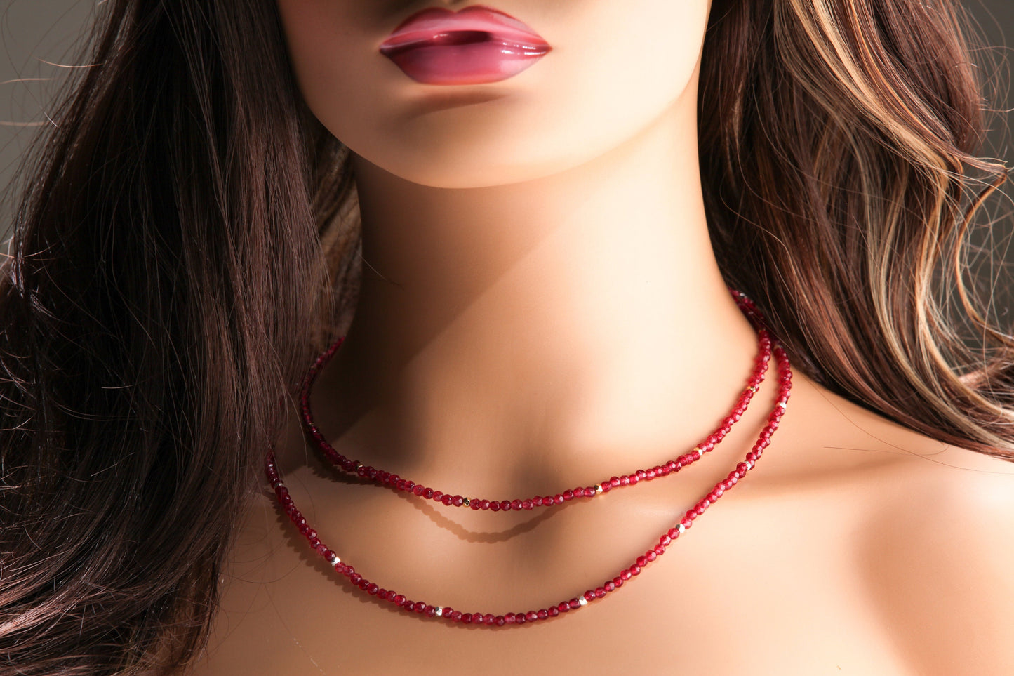 Red Onyx 3mm Faceted Round Choker Necklace with Gold or Silver Diamond Cut Spacer