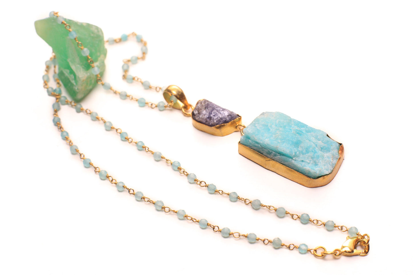 Natural Larimar Raw and Amethyst raw handmade 18k gold bezel Necklace, matching blue Apatite rosary chain . Good luck , healing chakra