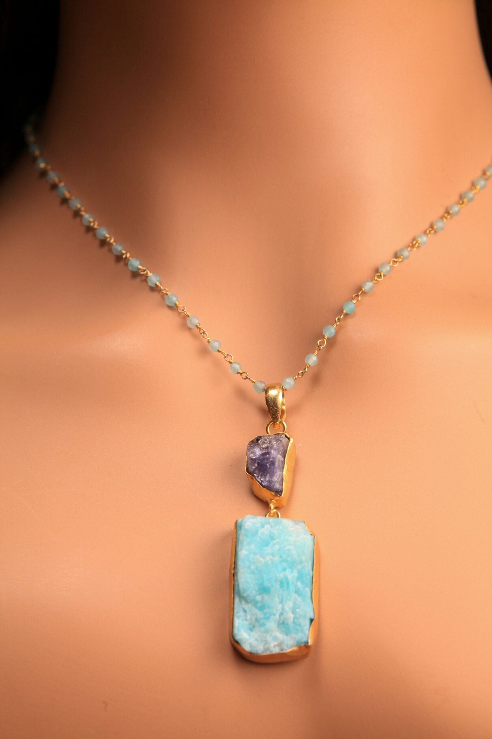 Natural Larimar Raw and Amethyst raw handmade 18k gold bezel Necklace, matching blue Apatite rosary chain . Good luck , healing chakra