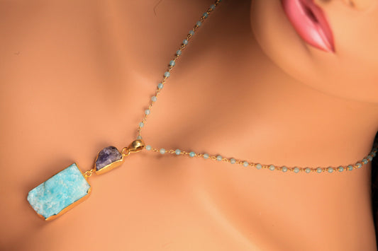 Natural Larimar Raw and Amethyst raw handmade 18k gold bezel Necklace, matching blue Apatite rosary chain . Good luck , healing chakra