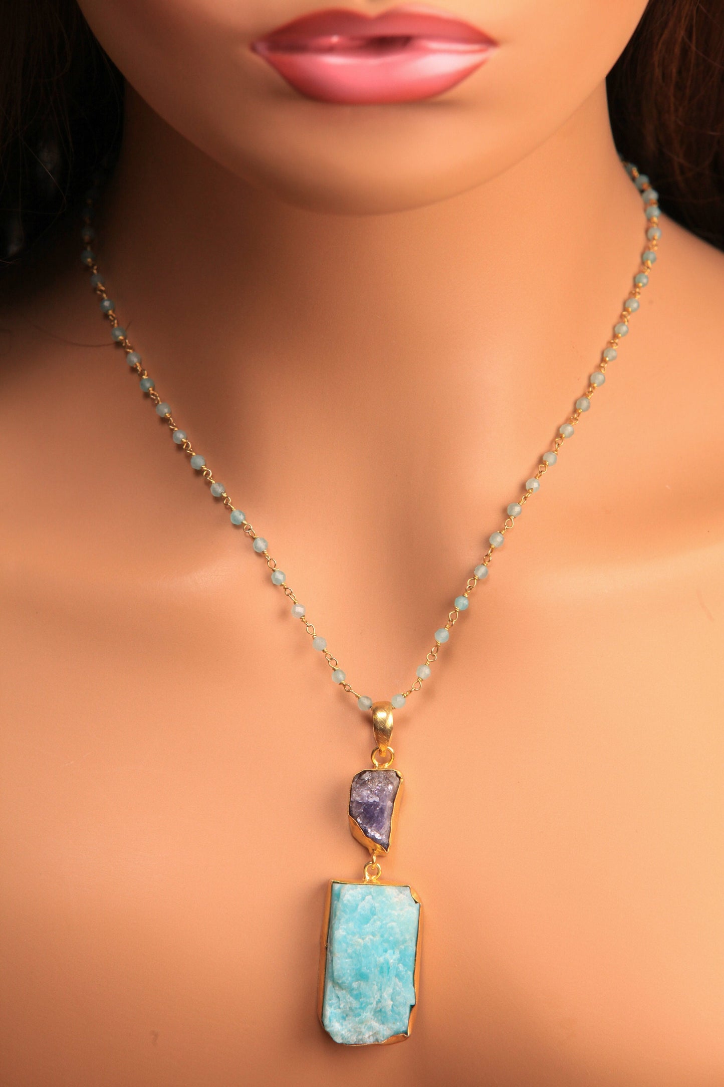 Natural Larimar Raw and Amethyst raw handmade 18k gold bezel Necklace, matching blue Apatite rosary chain . Good luck , healing chakra