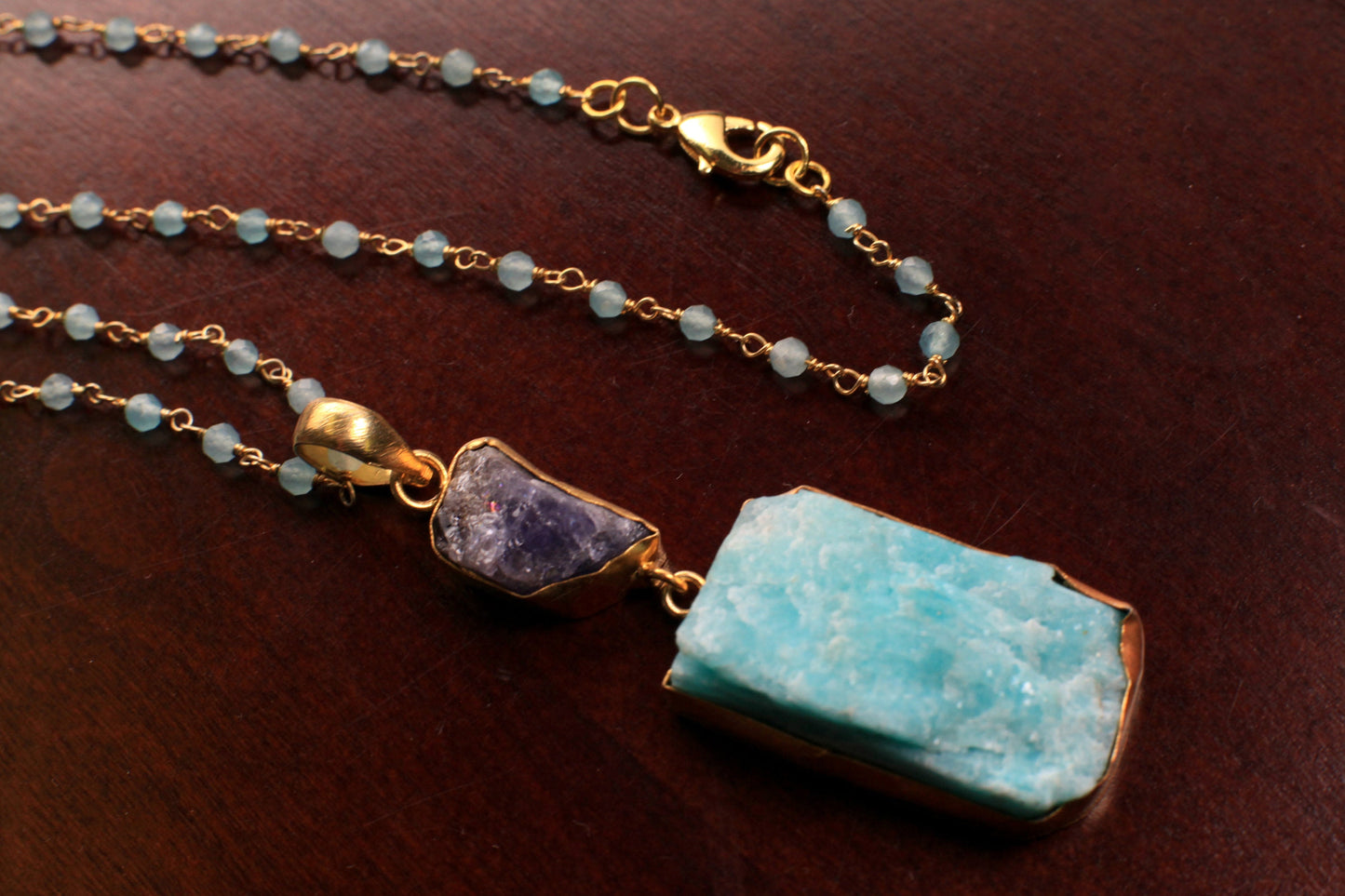 Natural Larimar Raw and Amethyst raw handmade 18k gold bezel Necklace, matching blue Apatite rosary chain . Good luck , healing chakra