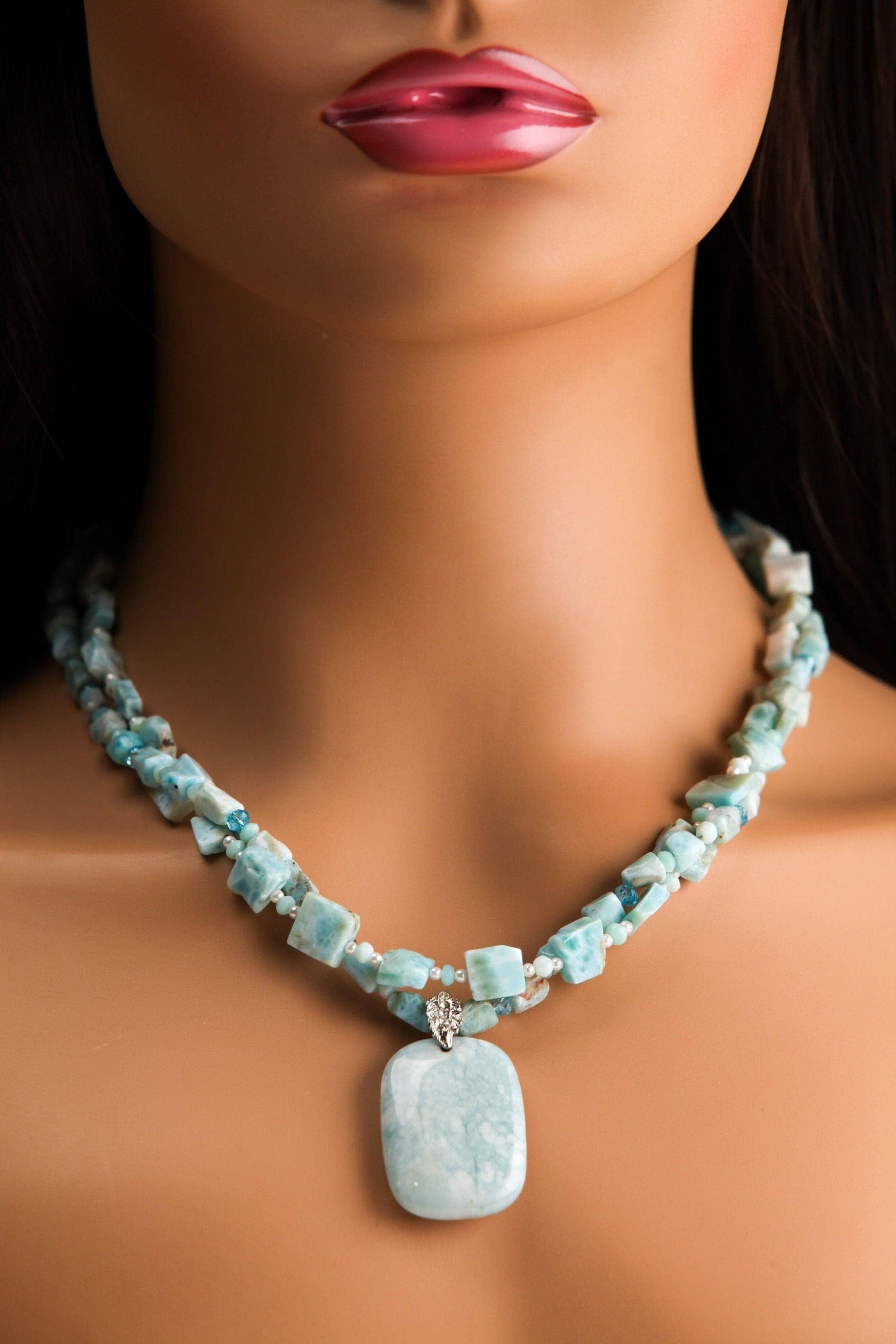 Double Layered Natural Larimar Nugget and Square Gemstone, Freshwater Pearl, Larimar spacer, larimar pendant Necklace with 2&quot; Extension