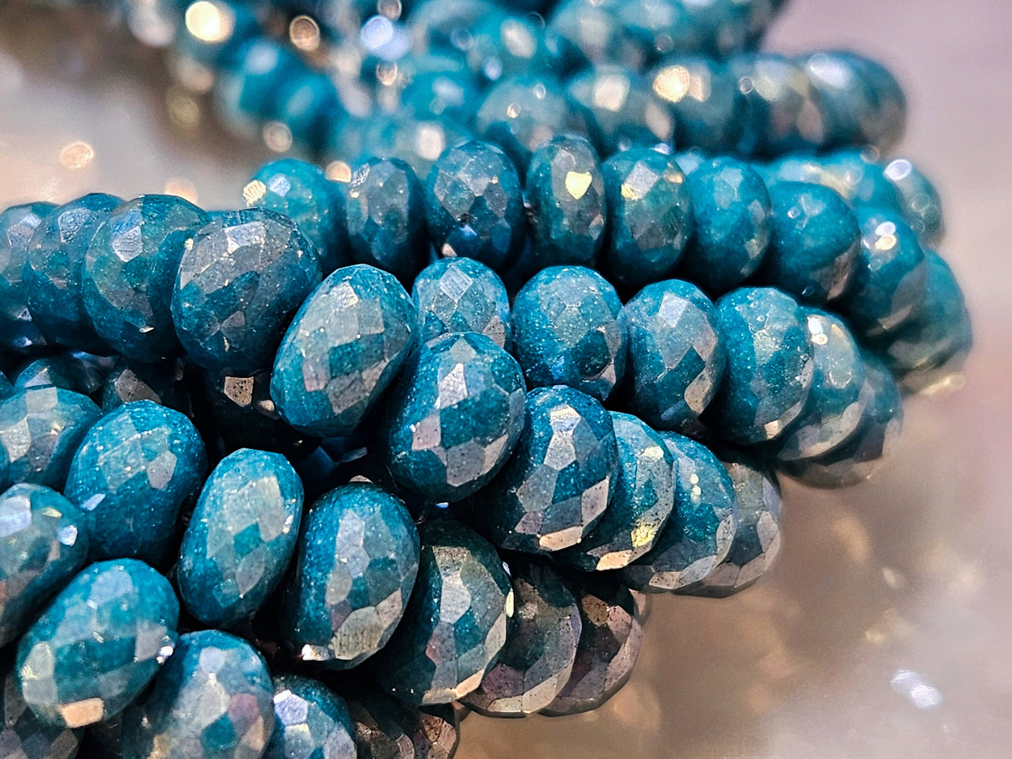 Moonstone Rondelle, Genuine Moonstone Mystic Teal Blue Coated High Quality Faceted Roundels in Gemstone Beads 4" and 8" Strand