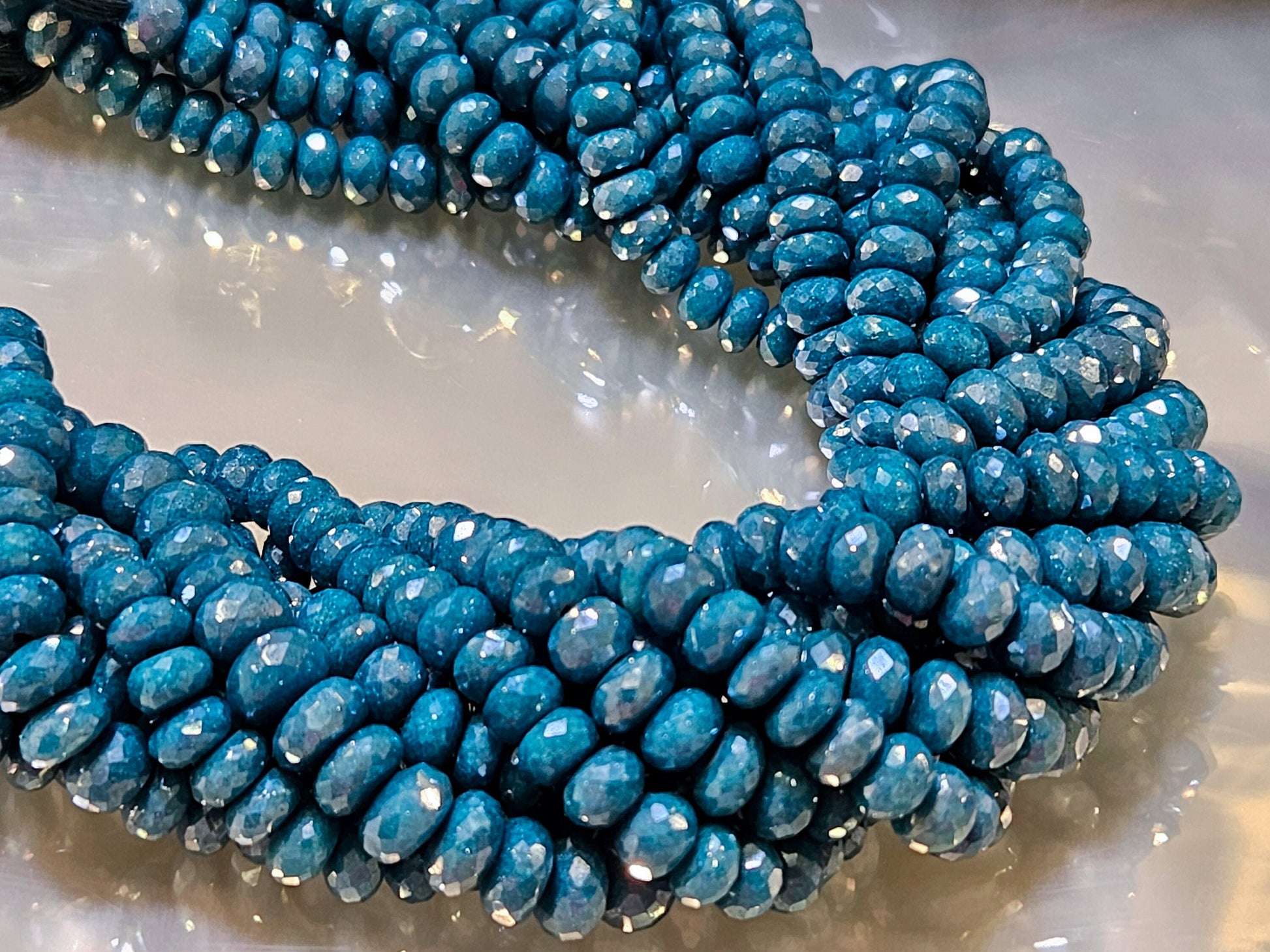 Moonstone Rondelle, Genuine Moonstone Mystic Teal Blue Coated High Quality Faceted Roundels in Gemstone Beads 4" and 8" Strand