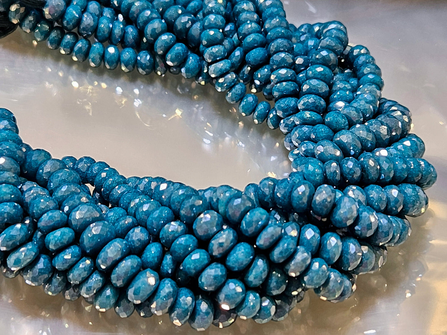 Moonstone Rondelle, Genuine Moonstone Mystic Teal Blue Coated High Quality Faceted Roundels in Gemstone Beads 6" Strand