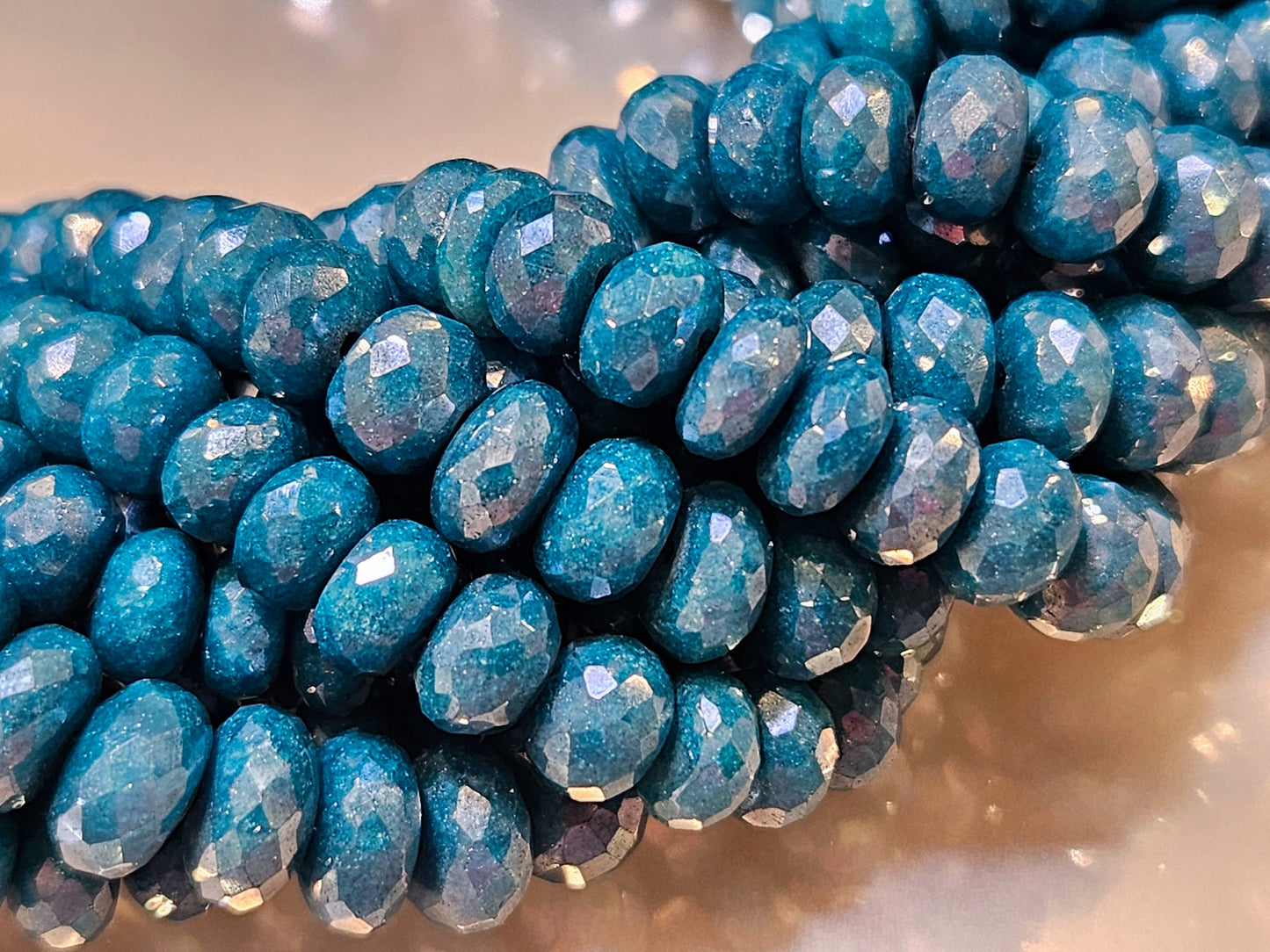 Moonstone Rondelle, Genuine Moonstone Mystic Teal Blue Coated High Quality Faceted Roundels in Gemstone Beads 4" and 8" Strand