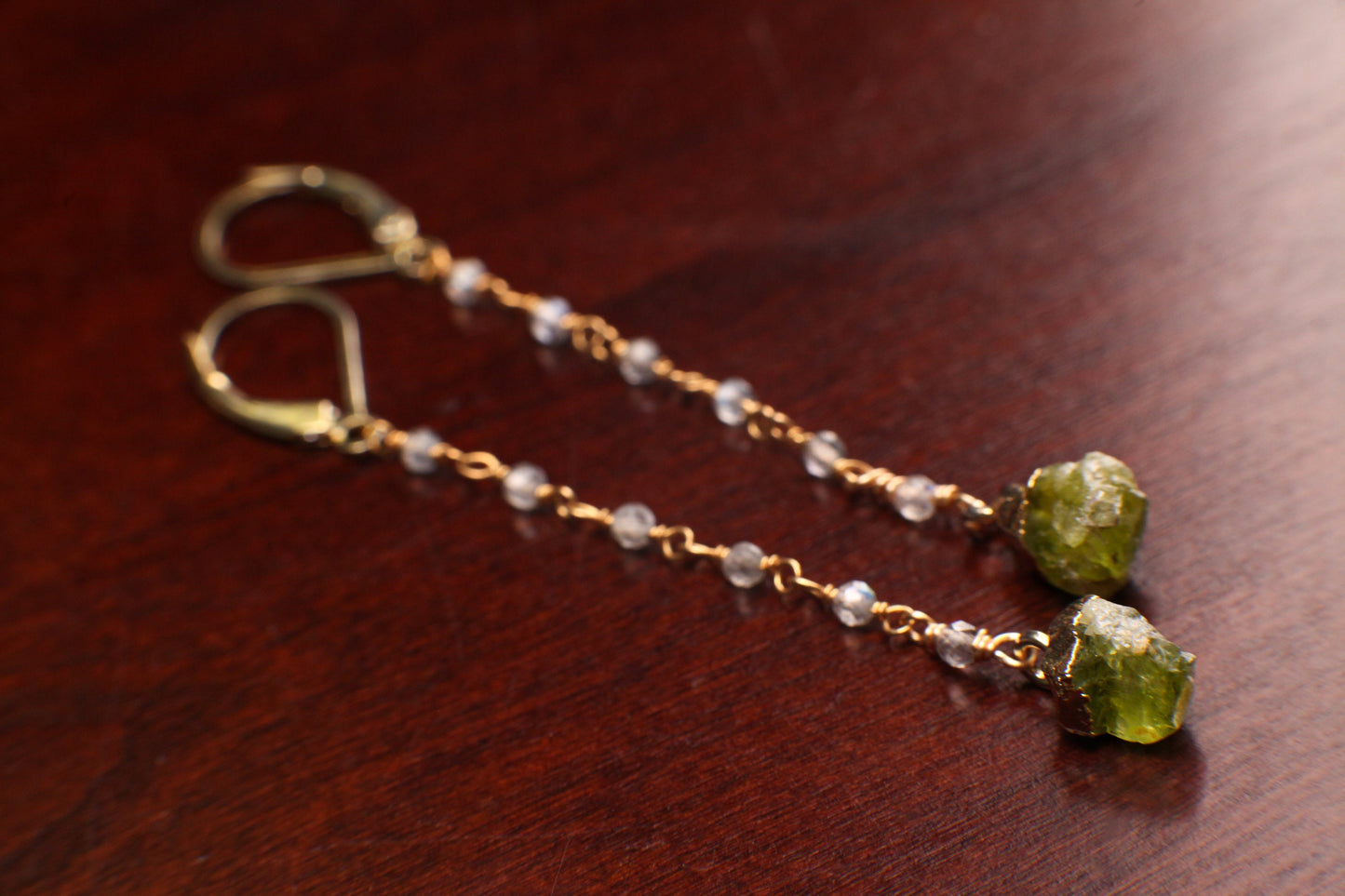 Raw Peridot 8mm dangling with labradorite faceted wire wrapped chain, Long Earrings, 22k gold vermeil Gifts raw healing crystal