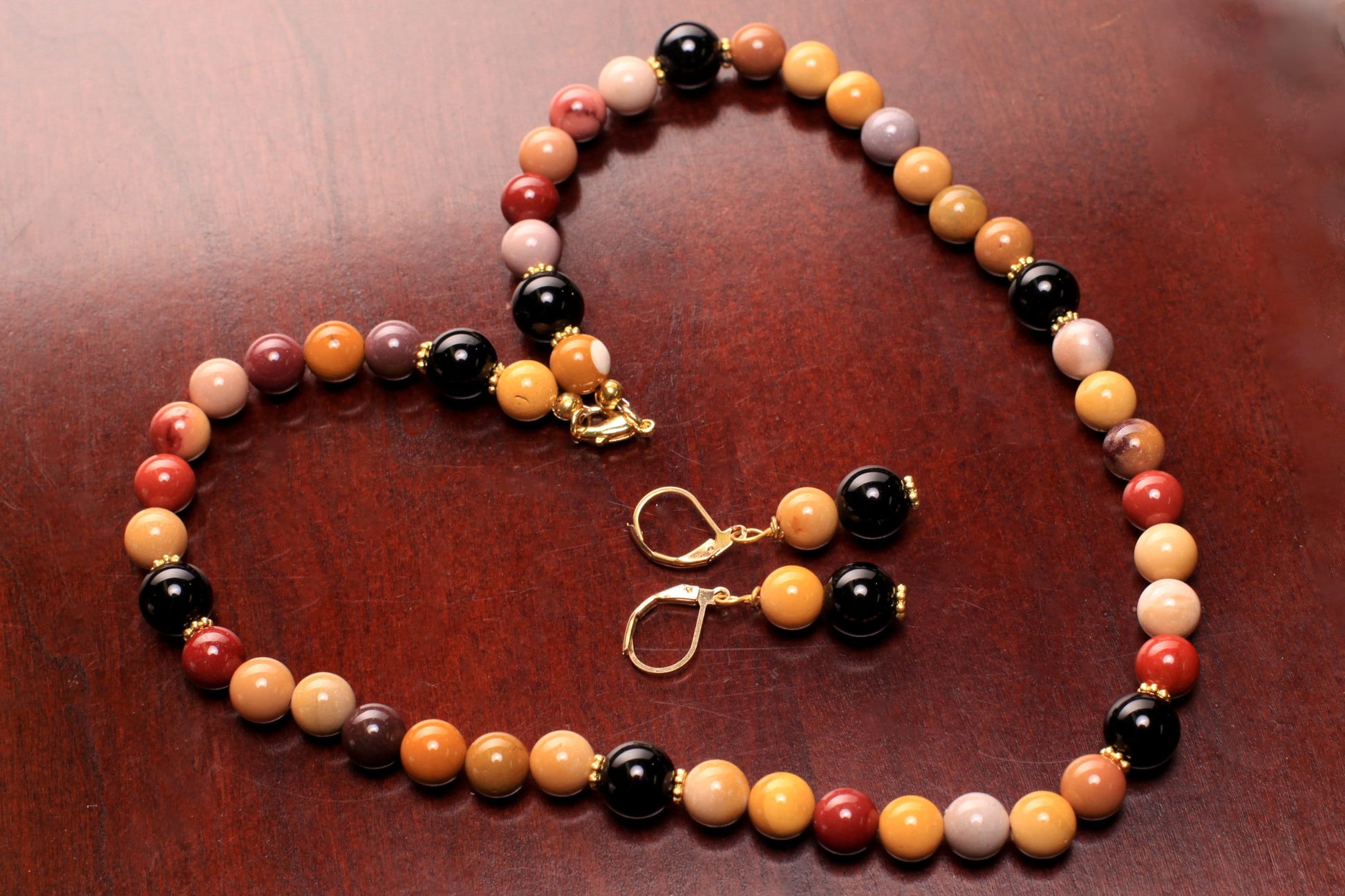 Mookaite Smooth Round 8mm with Black Onyx accent Bali style spacer gold necklace and earrings set