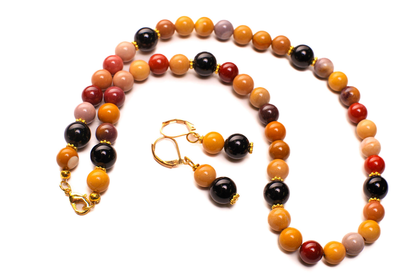 Mookaite Smooth Round 8mm with Black Onyx accent Bali style spacer gold necklace and earrings set