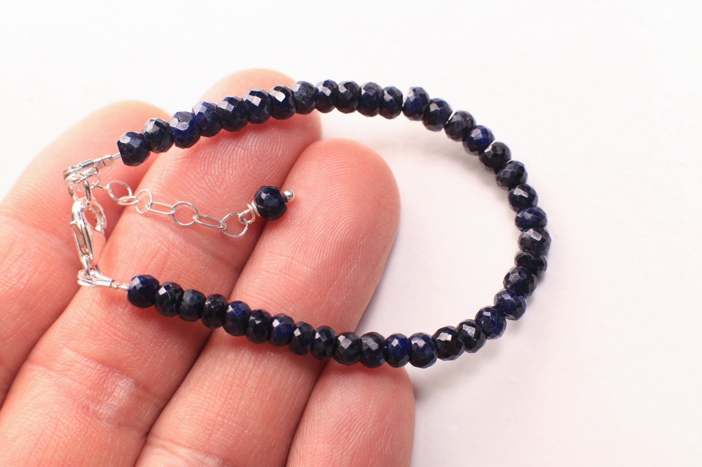 Natural Sapphire blue 4.5-5mm Faceted Rondelle Bracelet in 925 Sterling Silver Clasp and 1" Extension Chain, September Birthstone