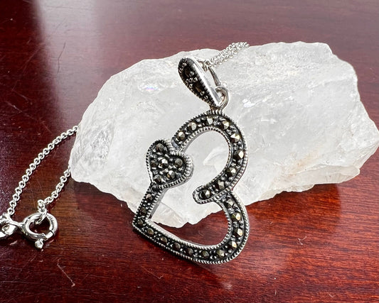 Vintage Marcasite 925 Sterling Silver Double Heart shape 22x20mm pendant with Rhodium Sterling Silver chain Vintage antique gift 925 stamped