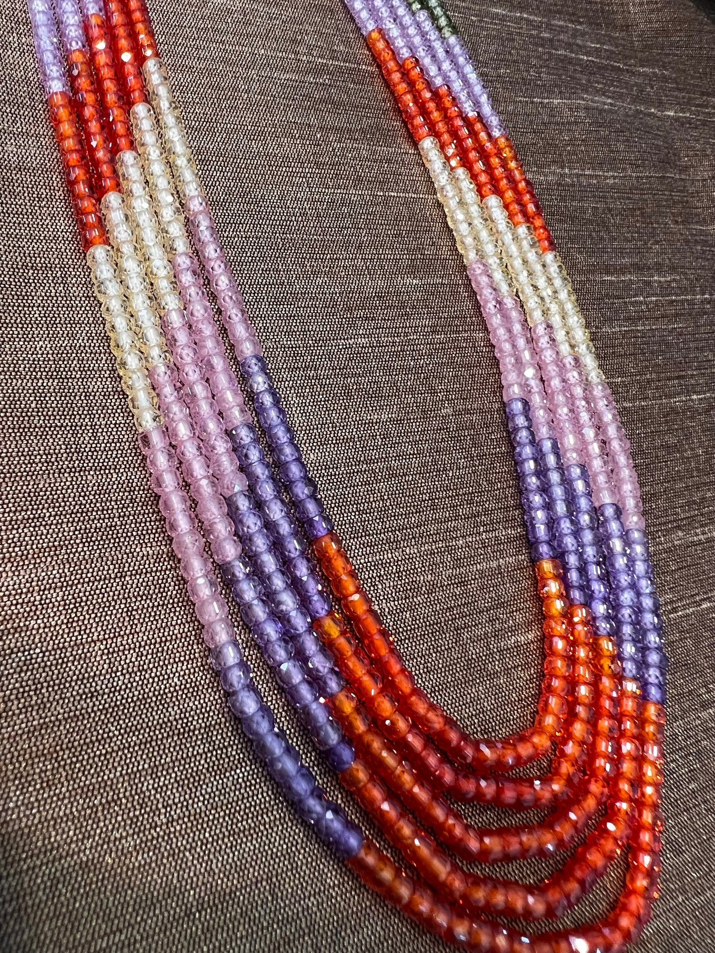 Cubic Zirconia CZ Multi Shaded 5 Strands 20” Necklace Plus 9" Adjustable Thread. Beautiful Sunset Ombre orange yellow purple green disco