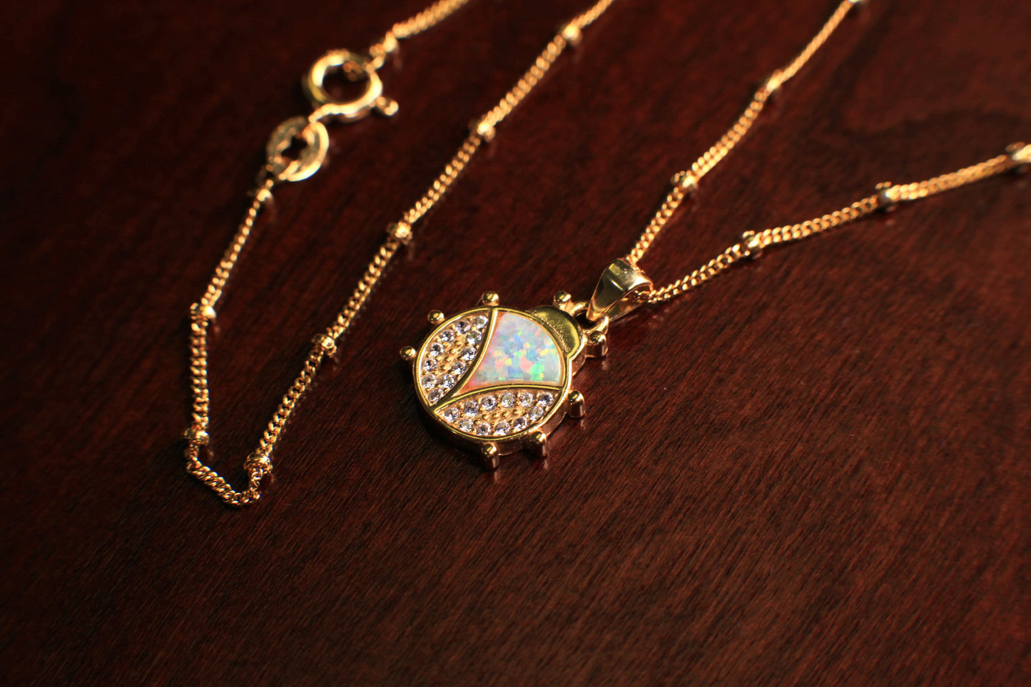 Ethiopian Fire Opal, Welo Opal Lady bug Shape Pendant in Gold Vermeil 925 Sterling Silver Satellite Chain Necklace. AAA Fiery Opal Elegant