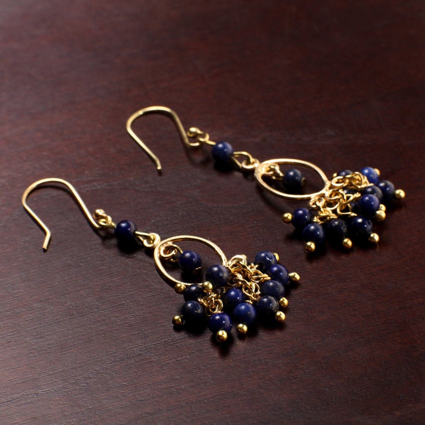 Genuine Lapis Lazuli Wire Wrapped Dangling Gold Vermeil, Gold Over 925 Sterling Silver Vermeil Chandelier & Ear Wire, Blue Gemstone earrings