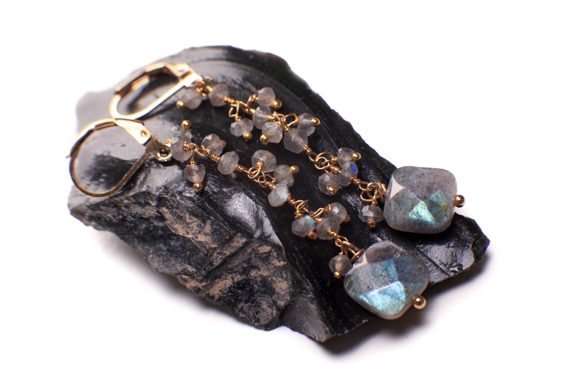 Labradorite Earrings Dangling Wire Wrap Faceted Pillow Shape with Clusters in Gold Leverback, Boho, Blue Flash, Handmade, Gift for Her