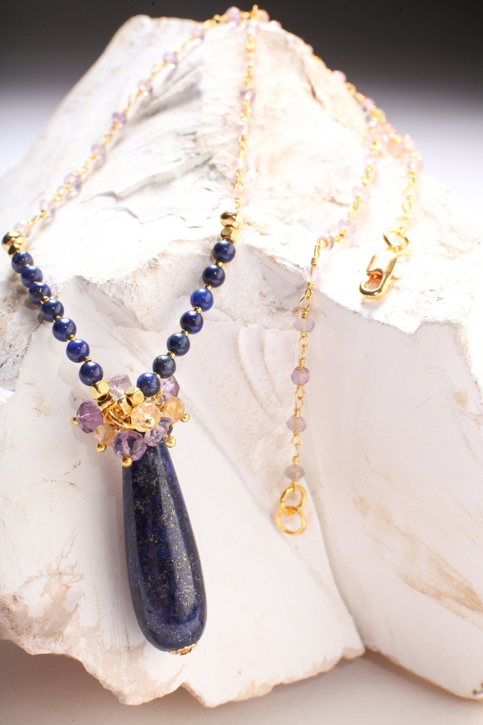 Genuine Lapis Lazuli Long Briolette Drop 12x39mm Pendant with Amethyst,Citrine Wire Wrapped Cluster,4mm Lapis, Ametrine beaded Chain 21"