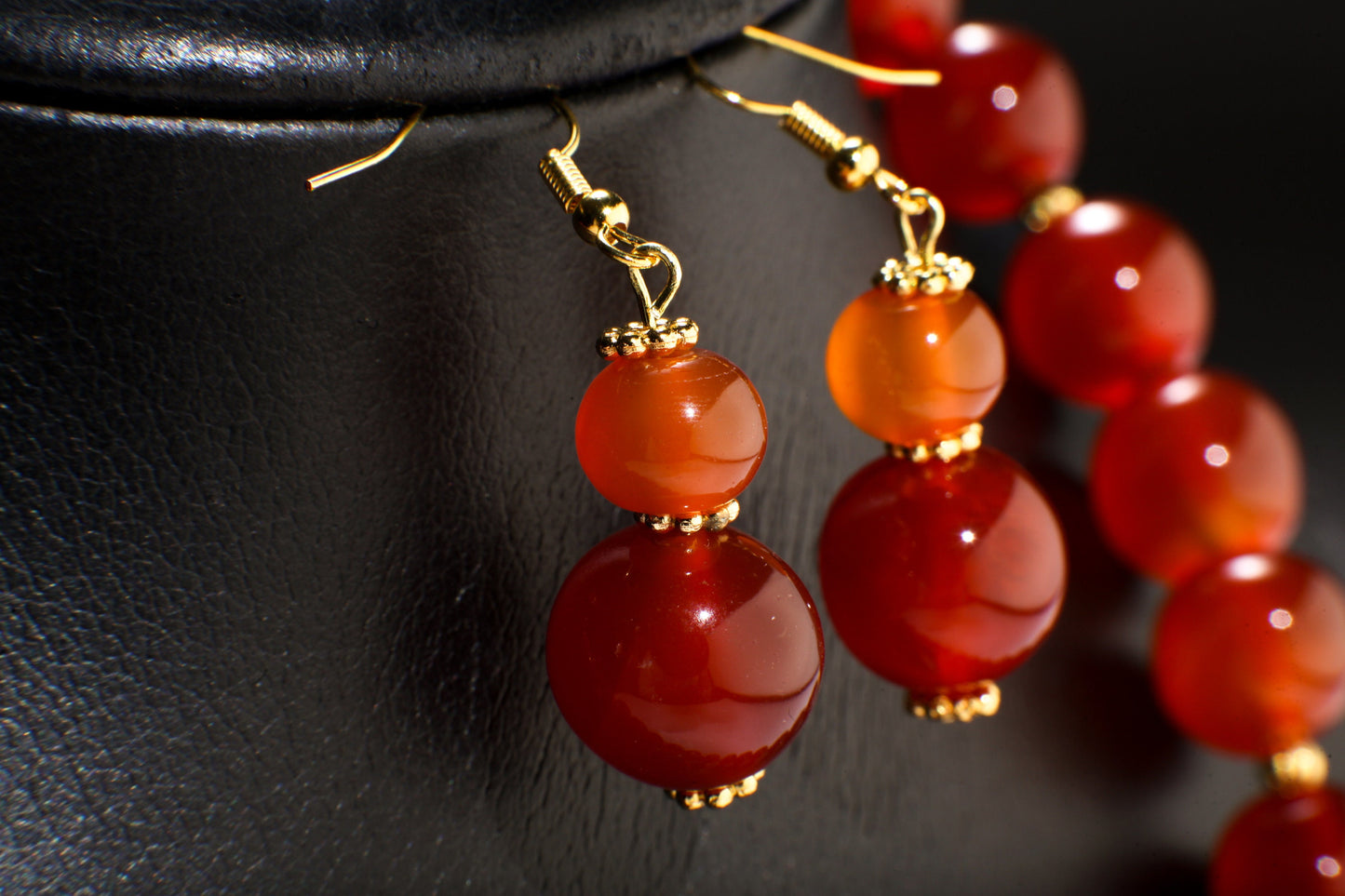 Natural Carnelian Agate Necklace Earrings Set, 14mm smooth Round with Matching Earrings Healing Gemstones