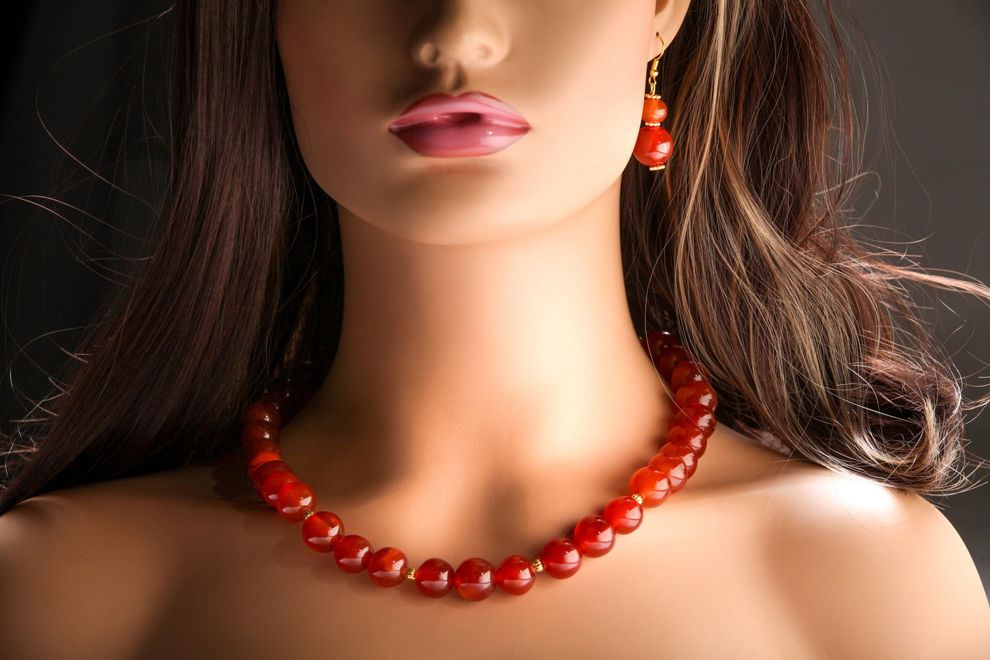 Natural Carnelian Agate Necklace Earrings Set, 14mm smooth Round with Matching Earrings Healing Gemstones