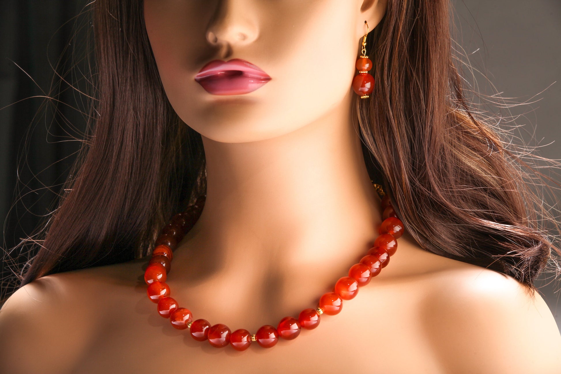 Natural Carnelian Agate Necklace Earrings Set, 14mm smooth Round with Matching Earrings Healing Gemstones