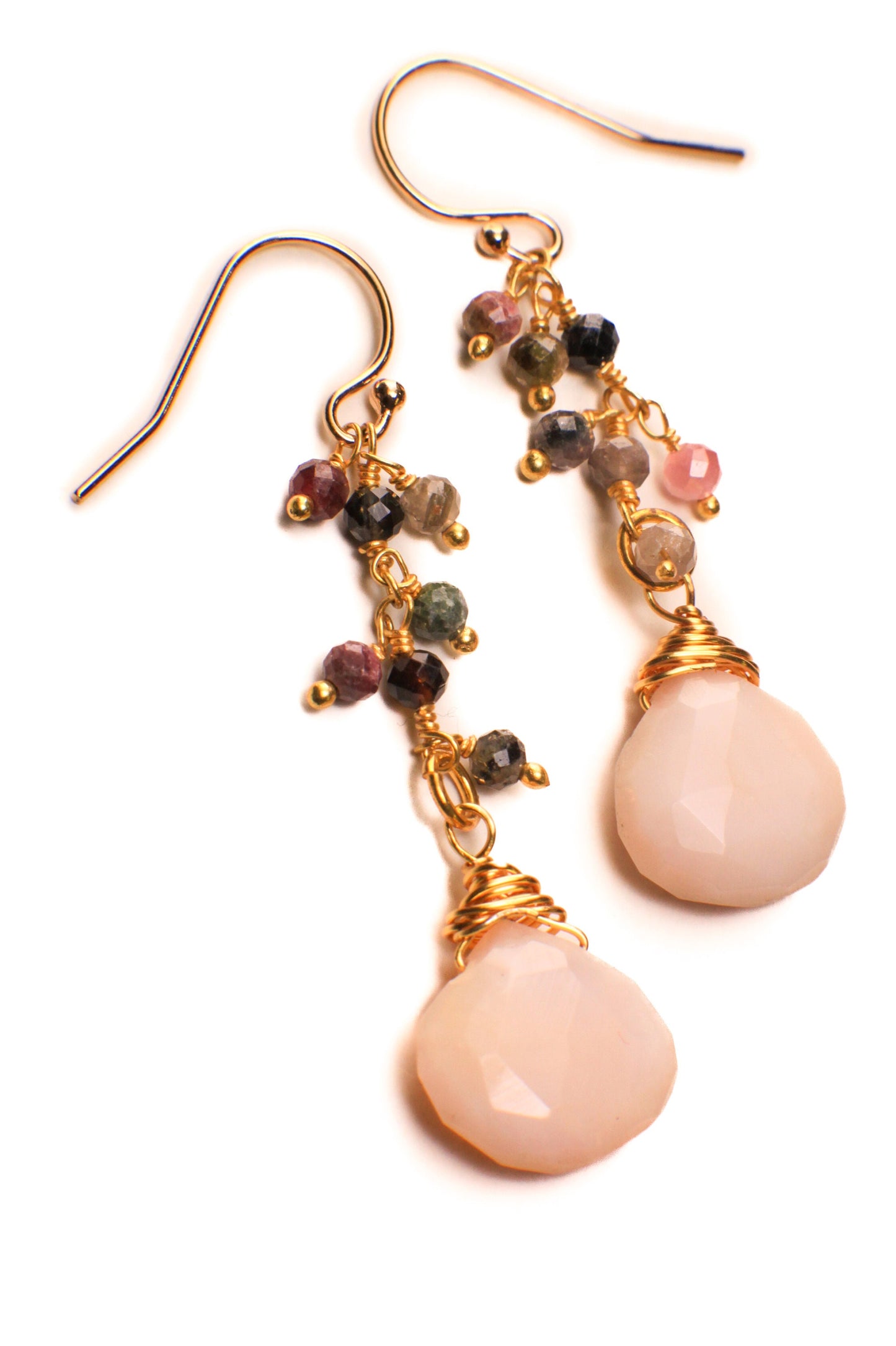 Pink Peruvian Opal Wire Wrapped 12mm Heart Teardrop, Watermelon Tourmaline Dangling Earring, Pink Opal Briolette in 14K Gold Filled Ear Wire