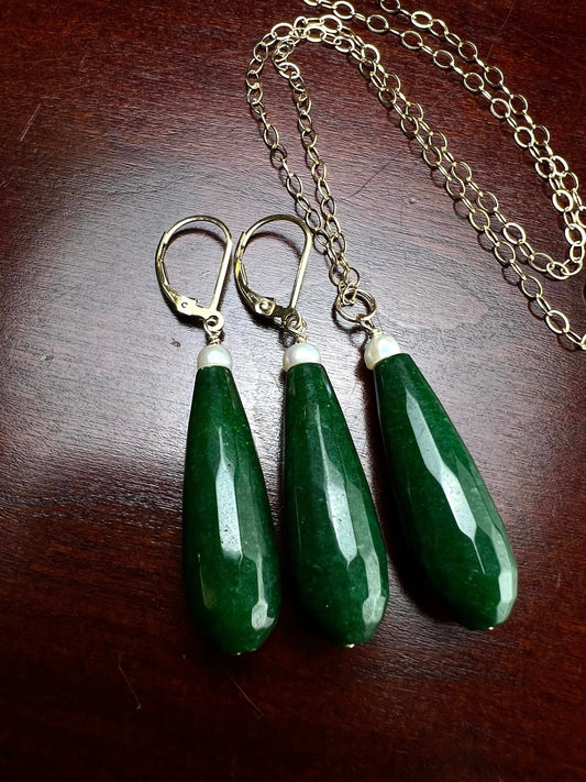 Emerald Jade 10×30mm Long Teardrop with Freshwater Button Pearl, 925 Sterling Silver or 14K Gold Filled Leverback Earrings Set, Gift