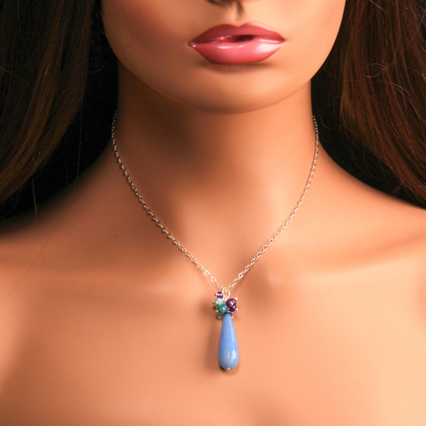 Periwinkle Blue Chalcedony Sky Blue color Jade long drop faceted cluster opal Amethyst Apatite 925 Sterling Silver Necklace.