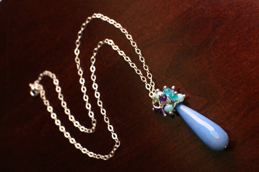 Periwinkle Blue Chalcedony Sky Blue color Jade long drop faceted cluster opal Amethyst Apatite 925 Sterling Silver Necklace.