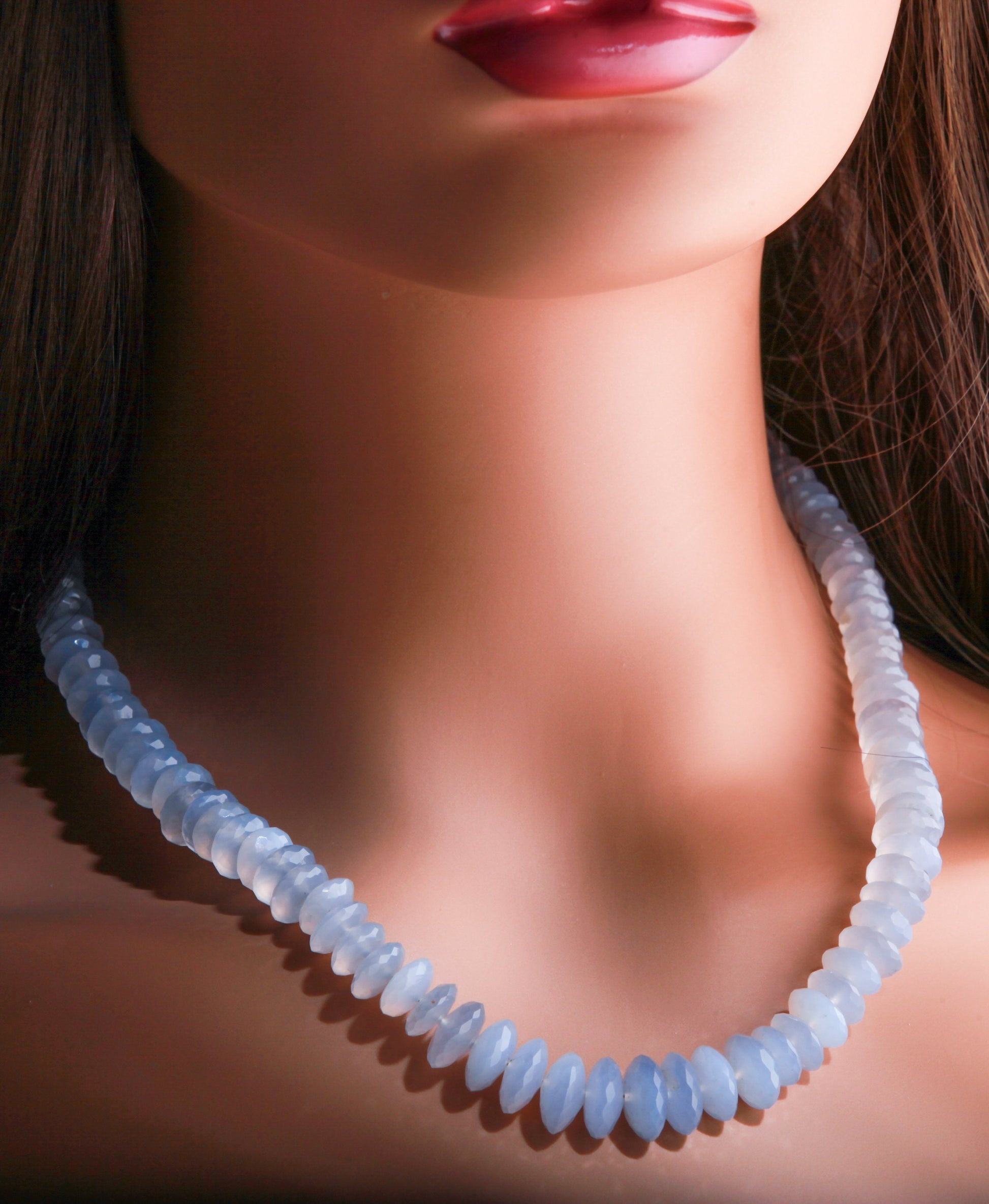 Natural Chalcedony sky blue AAA Quality German Cut Faceted Rondelle 7-12mm Graduated Necklace with 2.5" Extension Chain, precious gift.