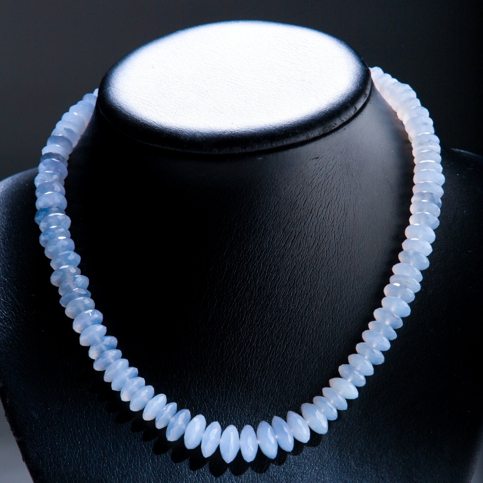 Natural Chalcedony sky blue AAA Quality German Cut Faceted Rondelle 7-12mm Graduated Necklace with 2.5" Extension Chain, precious gift.