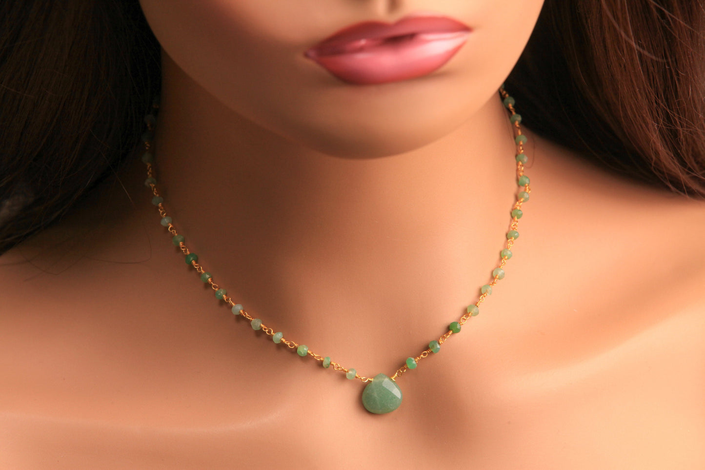 Natural Chrysoprase Wire Wrapped Rosary Necklace with Natural Green Aventurine 12mm Heart pendant gold necklace