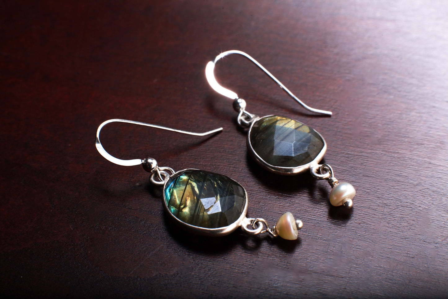 Natural Labradorite Free Form Oval Bezel with Dangling Natural Fresh Water Pearl in .925 Sterling Silver Hook Ear Wire, Leverback