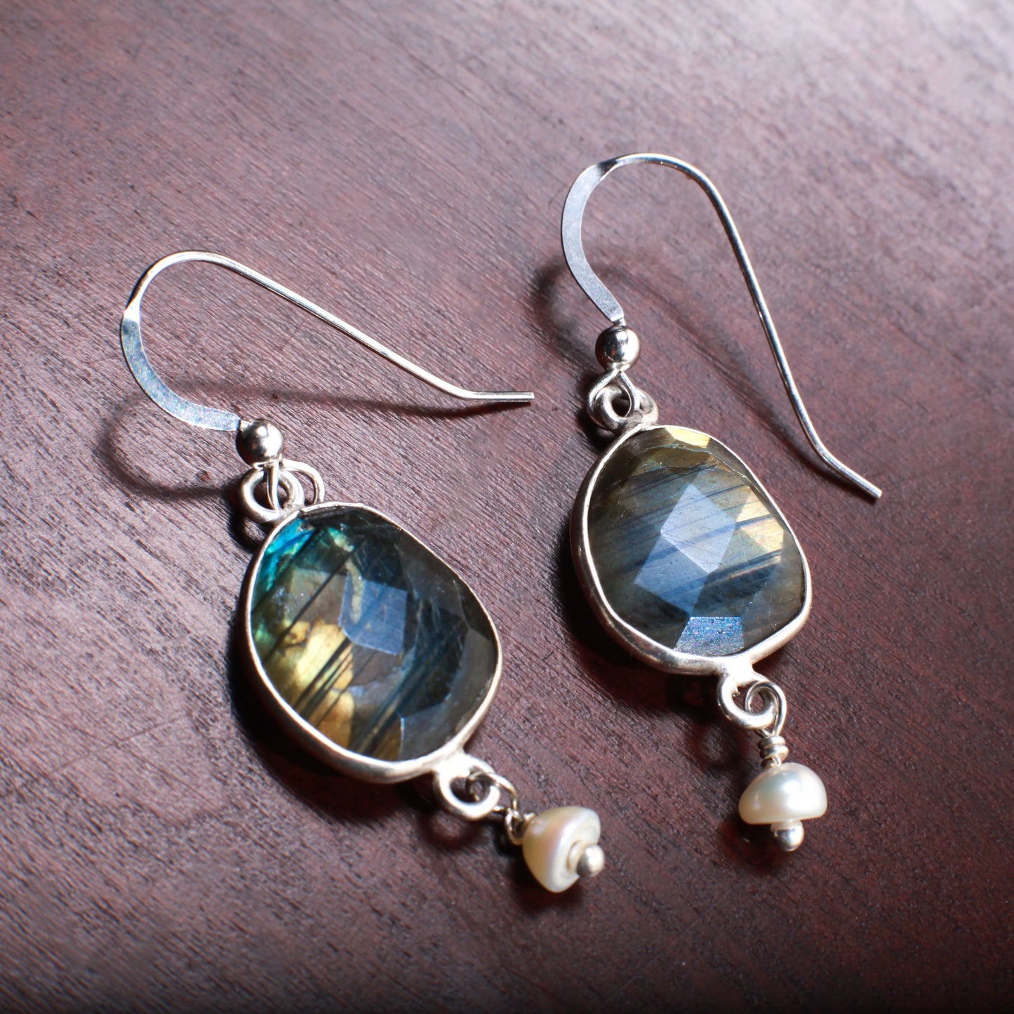 Natural Labradorite Free Form Oval Bezel with Dangling Natural Fresh Water Pearl in .925 Sterling Silver Hook Ear Wire, Leverback