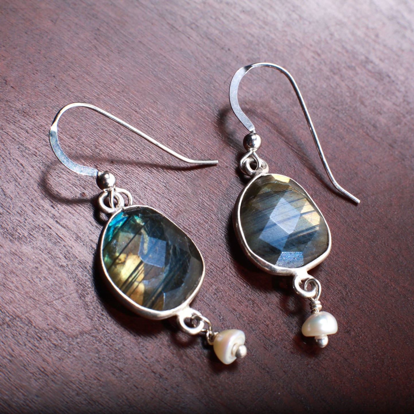 Labradorite Sterling Silver Earrings with Freshwater Pearl Dangle