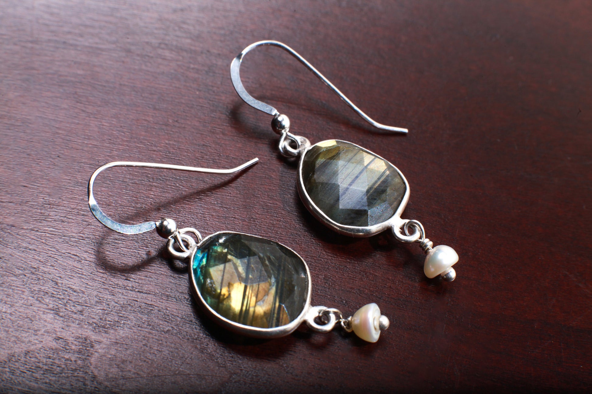 Natural Labradorite Free Form Oval Bezel with Dangling Natural Fresh Water Pearl in .925 Sterling Silver Hook Ear Wire, Leverback