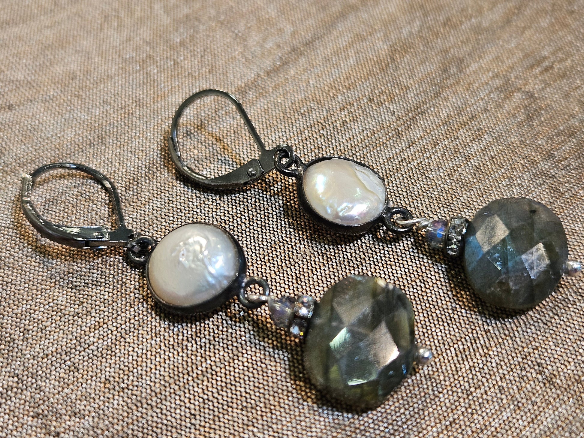 Natural Freshwater pearl bezel Labradorite Free Form Oval with Dangling Oxidized Sterling Silver Leverback earring