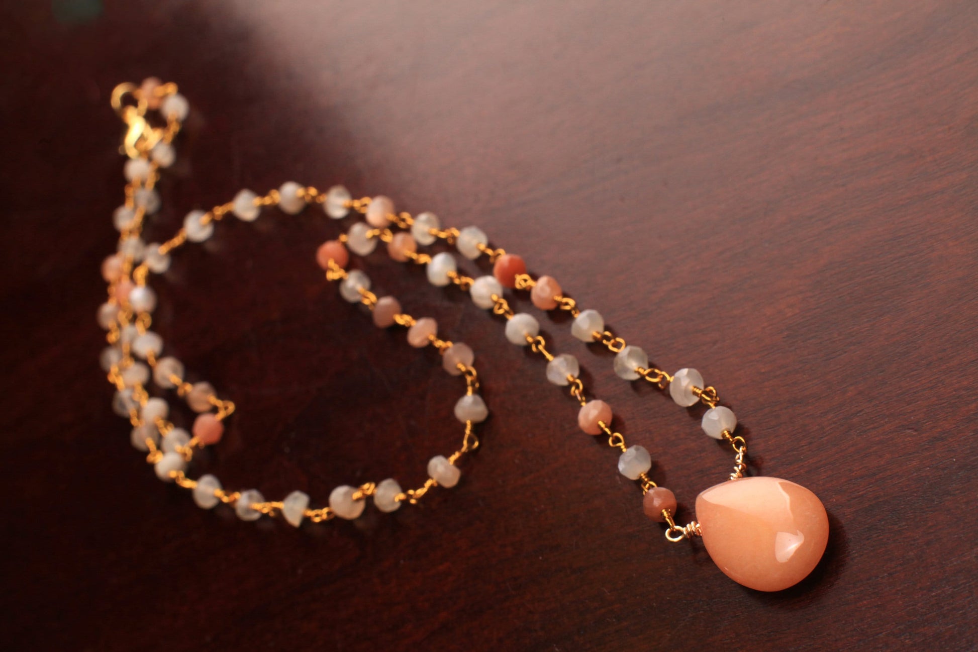 Multi Moonstone Wire Wrapped Rosary Necklace with Peach Aventurine Pendant