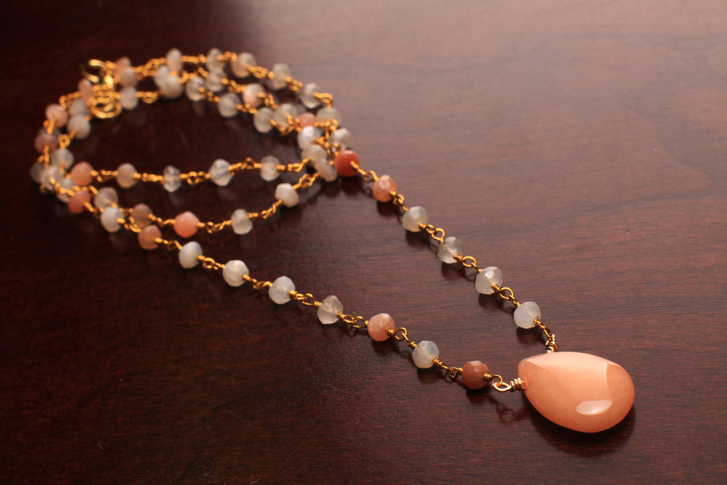 Multi Moonstone Wire Wrapped Rosary Necklace with Peach Aventurine Pendant