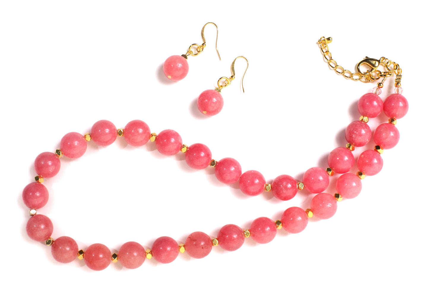 Pink Jade 12mm Round Necklace with Bali Style Gold Spacer Bead, Matching Pink Jade Earrings Jewelry Set.