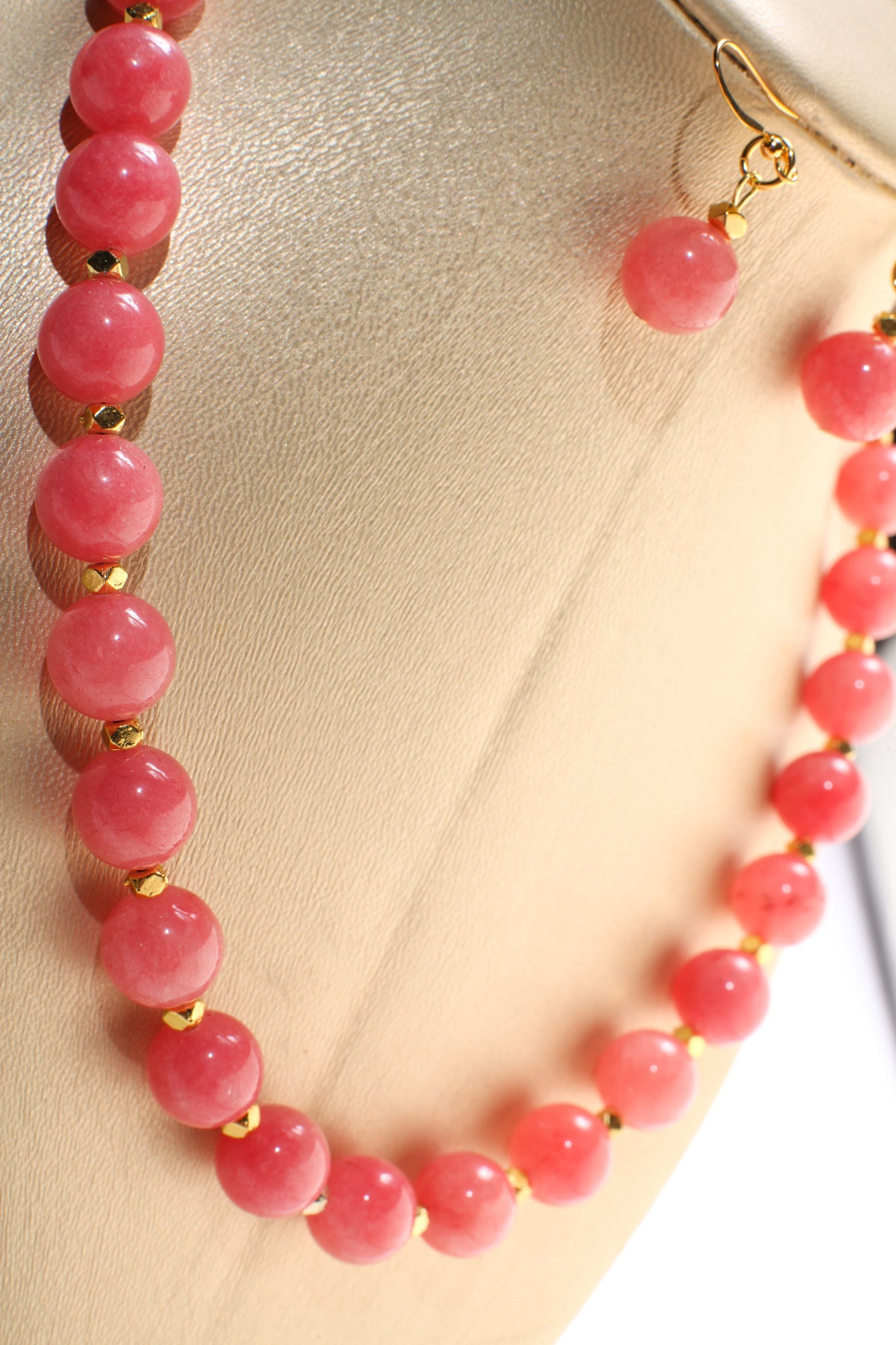 Pink Jade 12mm Round Necklace with Bali Style Gold Spacer Bead, Matching Pink Jade Earrings Jewelry Set.