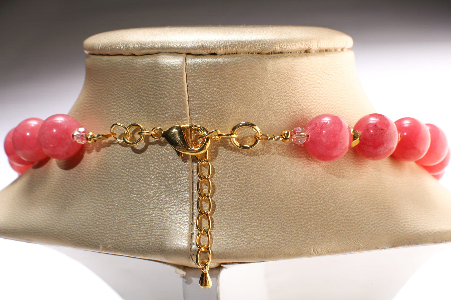 Pink Jade 12mm Round Necklace with Bali Style Gold Spacer Bead, Matching Pink Jade Earrings Jewelry Set.