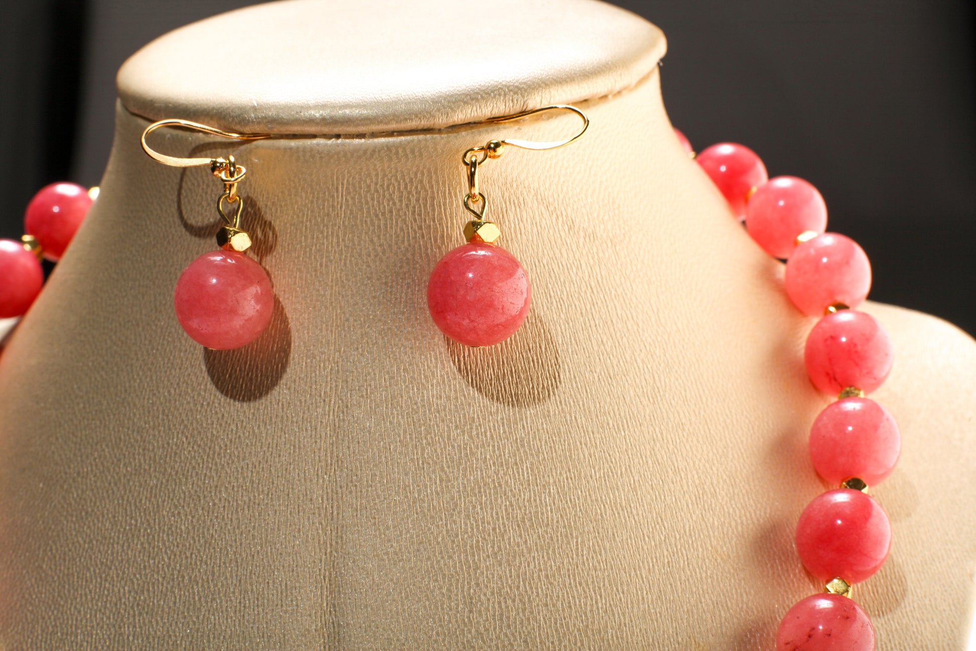 Pink Jade 12mm Round Necklace with Bali Style Gold Spacer Bead, Matching Pink Jade Earrings Jewelry Set.