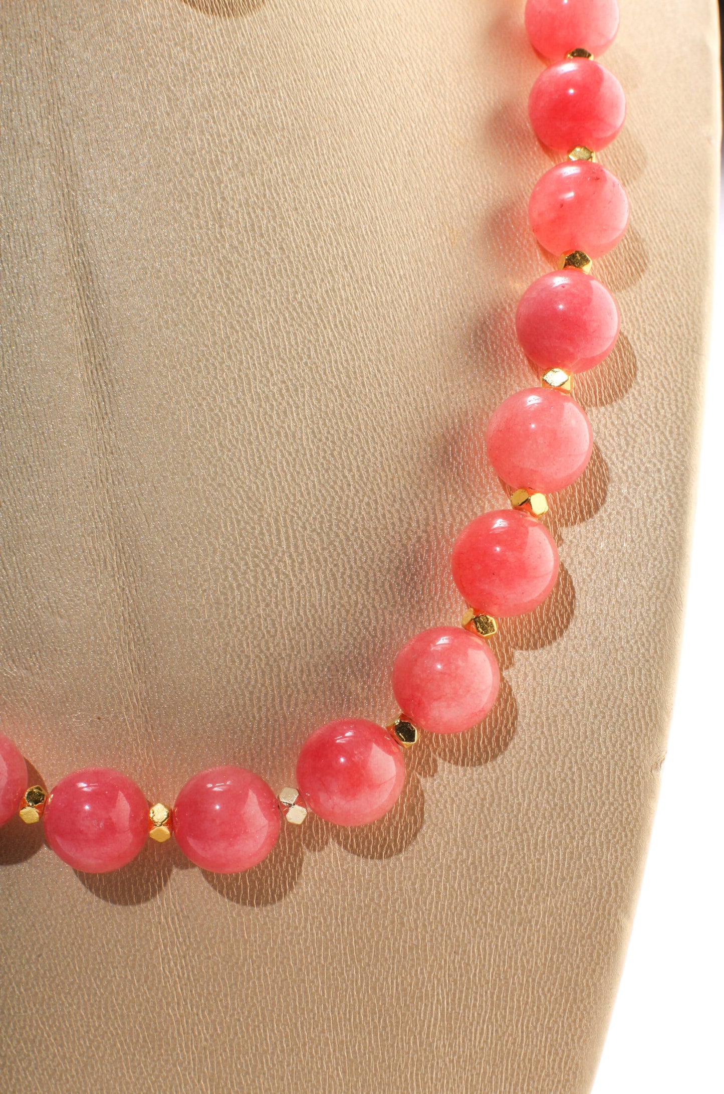 Pink Jade 12mm Round Necklace with Bali Style Gold Spacer Bead, Matching Pink Jade Earrings Jewelry Set.