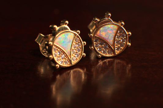 Ethiopian Fire Opal, Welo Opal, Lady bug Shape Stud Earrings in Gold Vermeil 925 Sterling Silver AAA Fiery Opal Elegant Dainty Stud Earring