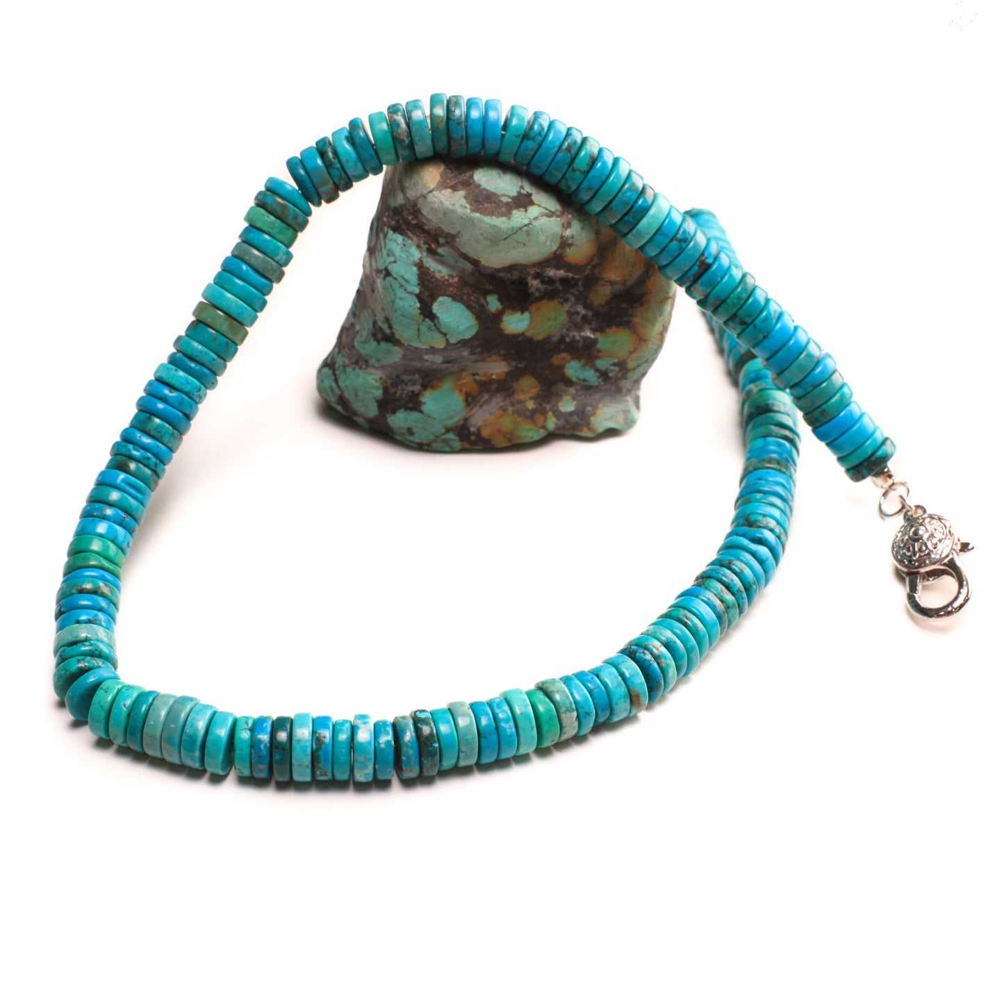 Genuine Tibetan Turquoise Heishi 11mm large size fancy Rhodium silver lobster clasp Necklace,for Man and Woman. December birthstone