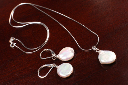 Natural Freshwater Coin Pearl White High Luster Dangling Pendant, Earrings Jewelry set in 925 Sterling Silver